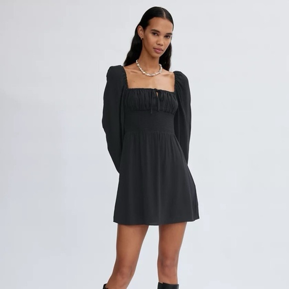 Aritzia Sunday Best Arden Black Smocked Square Neck Mini Dress L